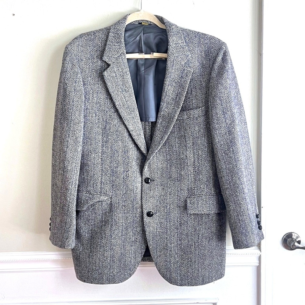 Harris Tweed Blazer Mens 42R Gray Herringbone Wool Jacket USA Handwoven Jacket